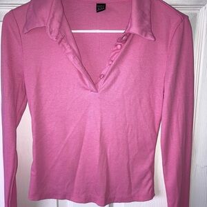 SHEIN Pink Collared Half Way Button Up Blouse